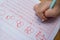 Kid learns to write Arabic numerals by following guide