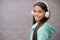 Kid listen song outdoor. walking with favorite tune. education online concept. childhood happiness. elearning of student