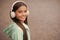kid listen song outdoor. walking with favorite tune. education online concept. childhood happiness. elearning of student