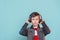 Kid listening music headphones. Music beat concept. Entertainment and fun. Child or teen enjoy music