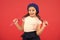 Kid little cute girl smiling face posing in hat red background. How to wear french beret. Beret style inspiration. How