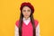 kid looking away. serious kid in beret. child has long hair. skin beauty. tween and youth.