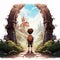 Kid Looking Through Mystical Land Stone Gateway