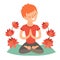 Kid in the lotus position on the mat for yoga. Isolated illustration on the white background