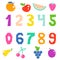 Kid math numerals and fruits bright signs vector isolated.