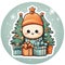 Kid near decorated Christmas trees enjoys colorful presents, hi-res sticker