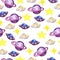Kid  planet, flying sauser, clouds and stars seamless pattern. Watercolor.