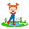 Kid play enjoy spring arrival warm summer little character happy playing vector illustration.