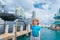 Kid play on Miami marine. Lifestyle closeup portrait of funny kids face outdoors. Summer kid outdoor portrait. Close up