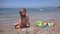 Kid Playing on Beach, Child Making Sand Castles, Child on Seashore, Girl in Greece in Summer Vacation