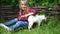 Kid Playing Cat Pet in Garden, Girl Portrait with Kitten, Child and her Animal in Yard, Children Loves Pets