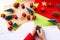 Kid playing with christmas crafts on white background. Christmas celebration. White background. Happy cheerful family. Home