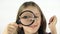 Kid Playing with Magnifier Glass, Child Make Faces at School, Funny Girl Eyes in Eyeglasses, Happy Children Education