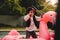 Kid playing pirate on inflatable mattress in pool