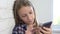 Kid Playing Tablet, Child Uses Smartphone, Girl Reading Messages on Internet