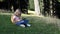 Kid Playing Tablet on Meadow in Camping in Mountains, Child Use Smartphones in Forest, Girl Plays on Device Outdoor in Park