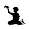 Kid plays dinosaur. Silhouette of sitting boy with toys. Child domestic game. Childhood scene at bedroom