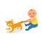 The kid plays with a red cat. Toddler grabbed the cat\'s tail. The cat bristled pain.