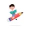 Kid Posing With Pencil Character, Back to school, cartoon Children flying on pencil, kids riding big pencil in the sky, education