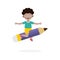 Kid Posing With Pencil Character, Back to school, cartoon Children flying on pencil, kids riding big pencil in the sky, education