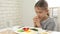 Kid Praying Eating Breakfast in Kitchen, Child Preparing Eat Meal Religious Girl