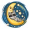 Kid Raccoon sleeps on the moon. Dreaming a dream. Childrens illustration. Funny Night sky with a comet. The baby animal