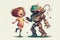 Kid and robot dancing, little girl having fun with her funny android, illustration