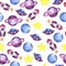 Kid rocket, planet, flying sauser and stars seamless pattern. Watercolor.