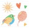 Kid`s drawing. Sun, bird, balloon and heart. Color pencil. Hand