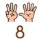 Kid`s hand showing the number eight hand sign.