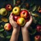 Kid\\\'s hands holding apples ai generated