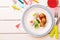 Kid`s meal dinner - meatballs, rice and broccoli