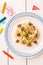 Kid`s meal dinner - spaghetti with mushrooms