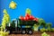 Kid`s track loaded with fresh cherry tomatoes in garden from broccoli and grapes.