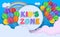 Kid`s zone baner. Kids zone, colorful clouds ball balloons paper vector illustration