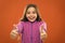 Kid show thumb up. Girl happy totally in love fond of or highly recommend. Thumb up approvement. Girl cute child show