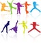 Kid silhouettes children playing play active child silhouette school colored set dance jumping dancing party sports vector happy