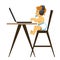 A kid sitting at the table with a laptop coding. Cartoon vector illustration