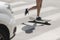 Kid on skateboard crossing a street