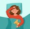 Kid sleep in bed at night vector illustration. Gir childl in pajama having a sweet dream in bedroom.