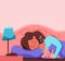 Kid sleep in bed at night vector illustration. Gir childl in pajama having a sweet dream in bedroom.