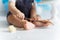 Kid smash a birthday cake with a wooden spoon