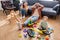 Kid standing near bike, building blocks