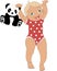 The kid stands with his hands up. In one hand he holds his favorite panda toy.