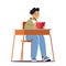 Kid Student in School Classroom, Little Schoolboy Character Sitting at Desk with Open Textbook in Hands Reading Lesson