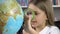 Kid Studying Earth Globe, Child in School Class, Girl Learning, Student Research