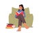 Kid Studying, Schoolgirl Learning, Read Fairytale Story. Girl Character Reading Book Sitting on Armchair at Home or