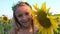 Kid in Sunflower Agriculture Field, Child Playing in Agrarian Harvest, Farmer Girl Plays in Prairie, Children Outdoor in Nature