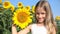 Kid in Sunflower Field at Sunset, Child Playing and Laughing in Agriculture Crop, Girl Portrait Smiling Outdoor in Nature, Happy C