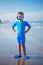 Kid in swimming suit is ready for snorkeling